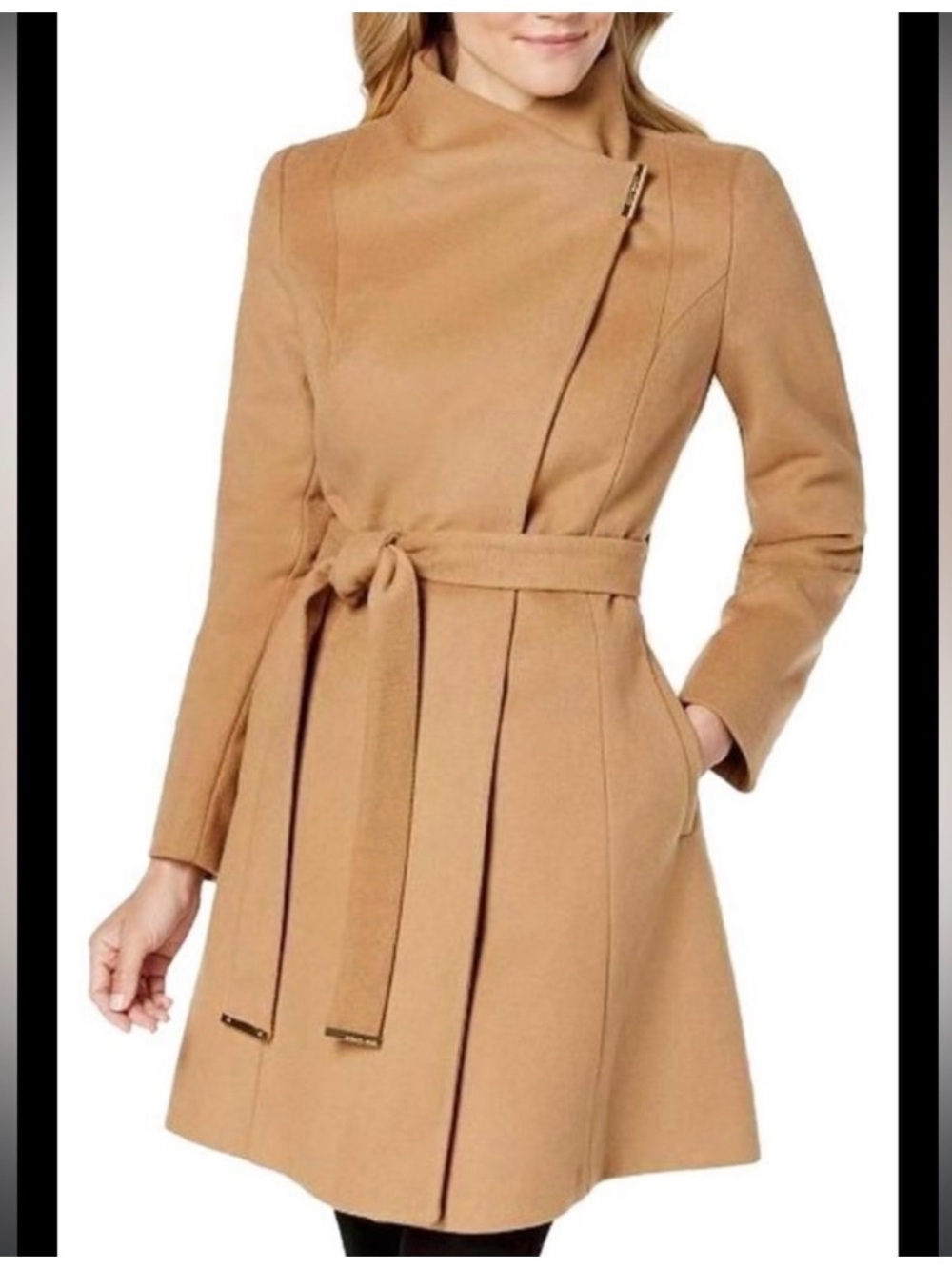 Michael Kors Camel Belted Wrap Wool-Blend Coat